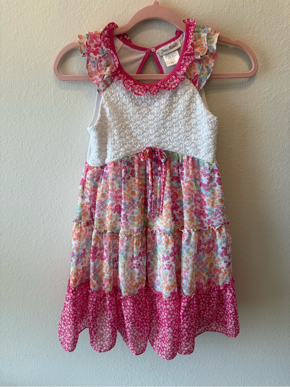 Jona Michelle White & Pink Floral Tiered Lace Dress, girls dress